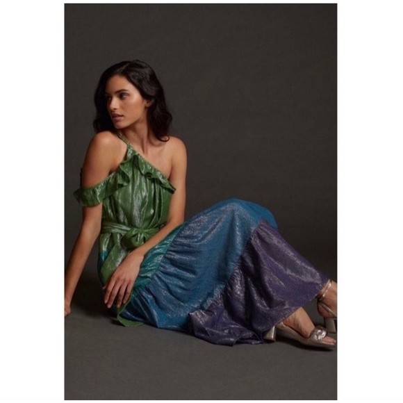 Anthropologie Maeve Metallic Ruffled One-Shoulder Color Block Belted Midi Dress - Picture 2 of 9